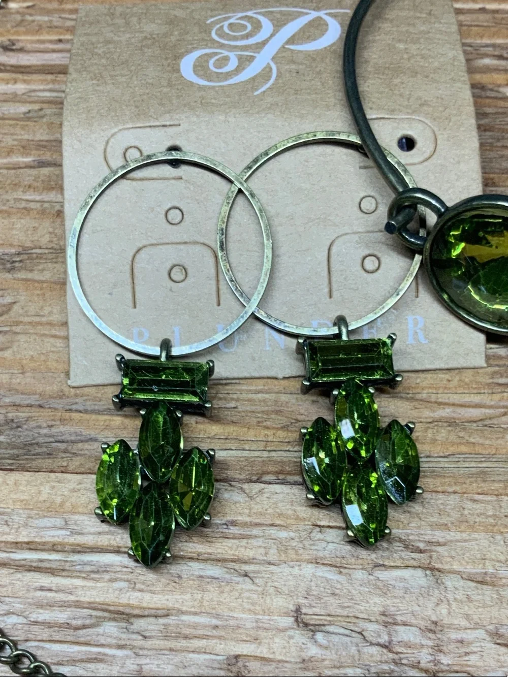 Plunder Green Crystal Stones Antique Bronze Necklace, Bracelet & Earrings Set
